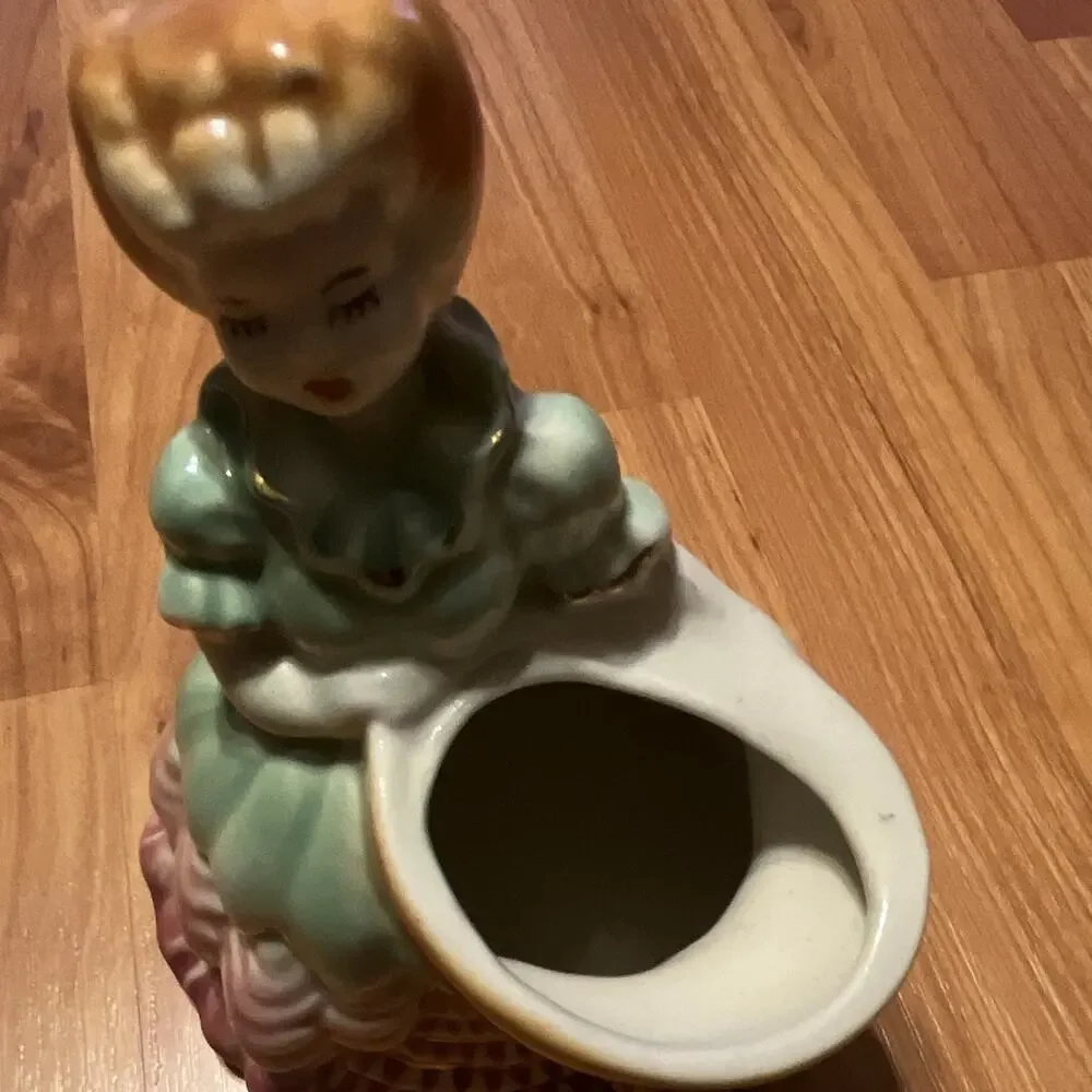 Vintage Ceramic Woman Figurine Bud Vase, Green Dress Pink Base, Small Gloss 6 in